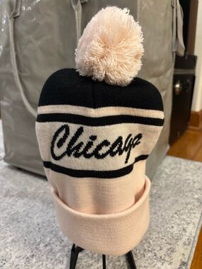 Chicago Script Pom Beanie in Black & Pale Pink